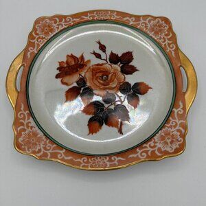 Vtg Plate Orange Iridescent‎ Rose Square Handle Japan Hand Painted Cottagecore